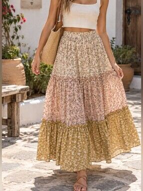 The Shew Floral Tiered Maxi Skirt Women's M/L Boho